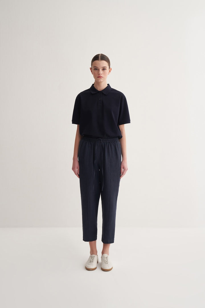 Kk Design 100% Linen Carrot Trousers Navy Blue