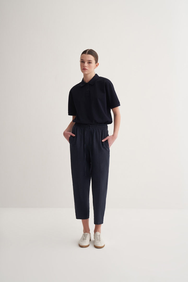 Kk Design 100% Linen Carrot Trousers Navy Blue