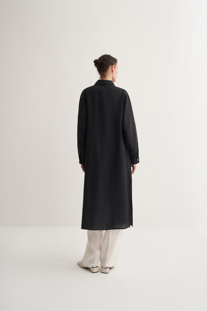 Kk Design 100% Linen Midi Shirt Dress Black