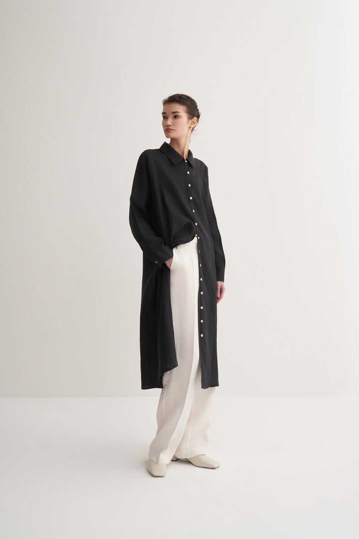 Kk Design 100% Linen Midi Shirt Dress Black
