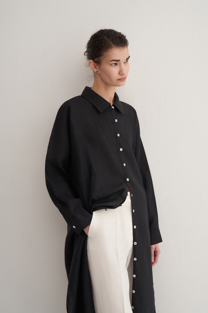 Kk Design 100% Linen Midi Shirt Dress Black