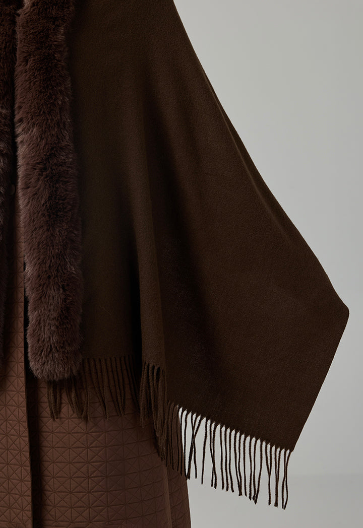 Choice Faux Fur Embellished Shawl Dark Brown