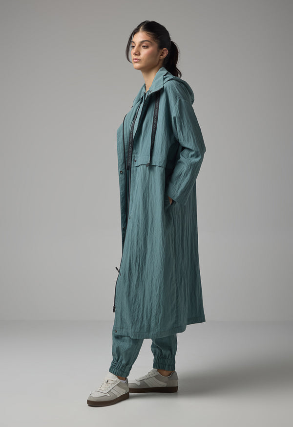 Choice Solid Hooded Neck Midi Jacket Green