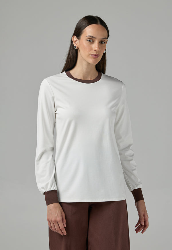 Choice Contrast Long Sleeve Blouse Off White