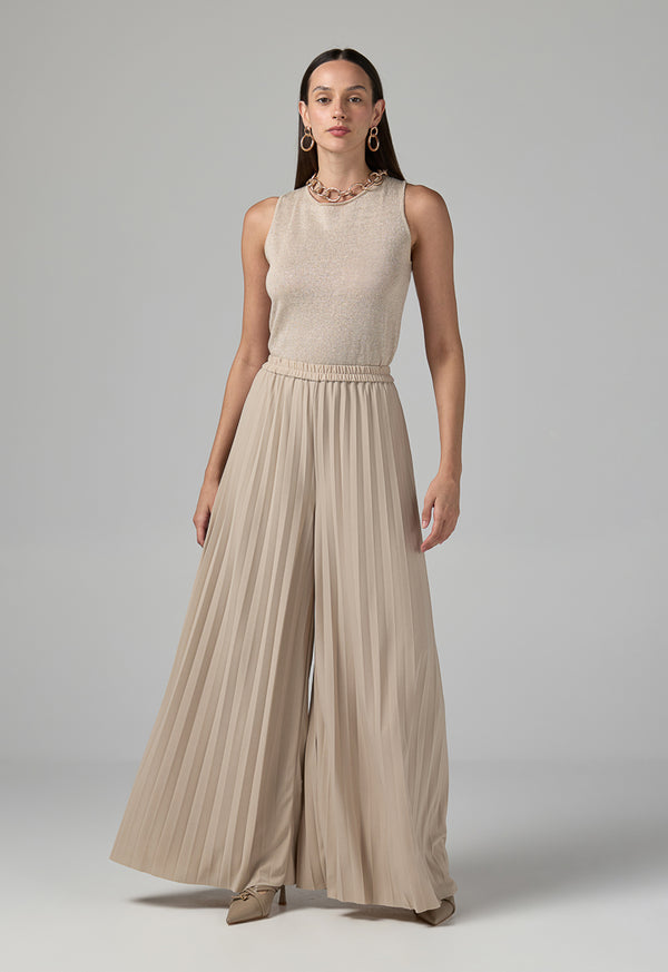 Choice Solid Wide Leg Pleated Trousers Beige