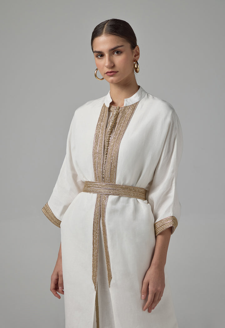 Choice Long Kimono Sleeves Mirror Embroidered Abaya Off White