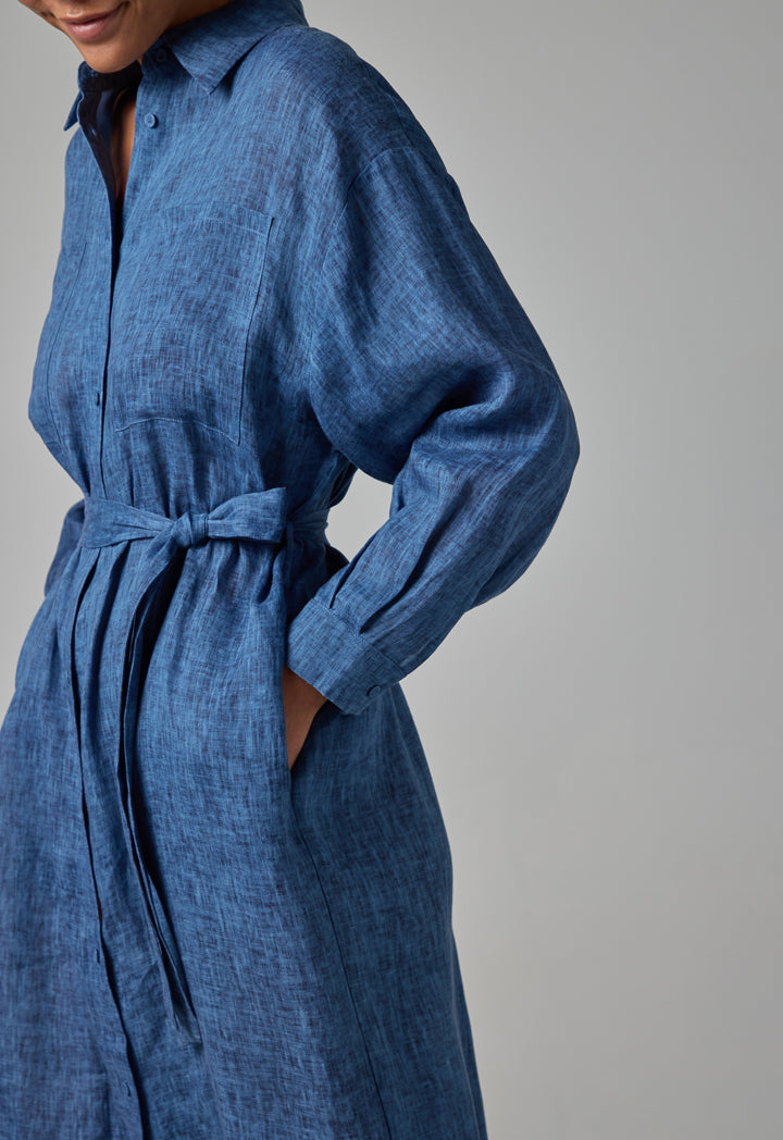 Choice Solid Patch Pockets Belted Shirt Dress Indigo