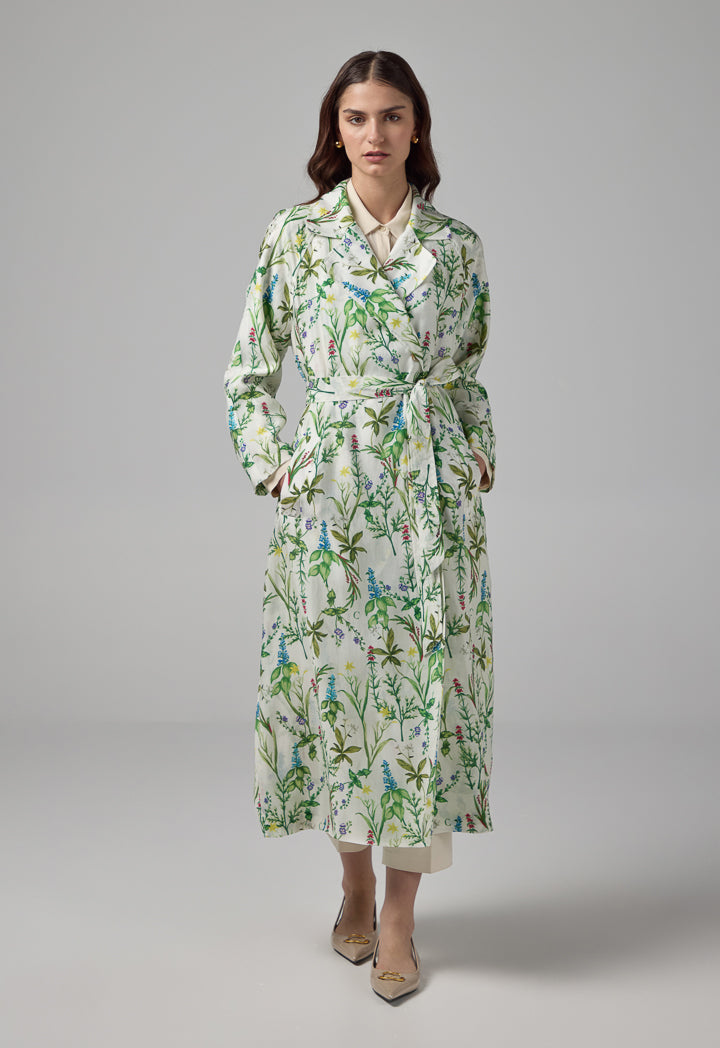 Choice Floral Printed Belted Trench Coat Multi Color