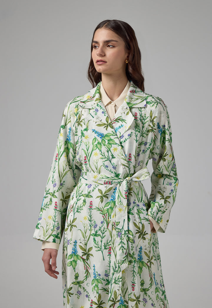 Choice Floral Printed Belted Trench Coat Multi Color