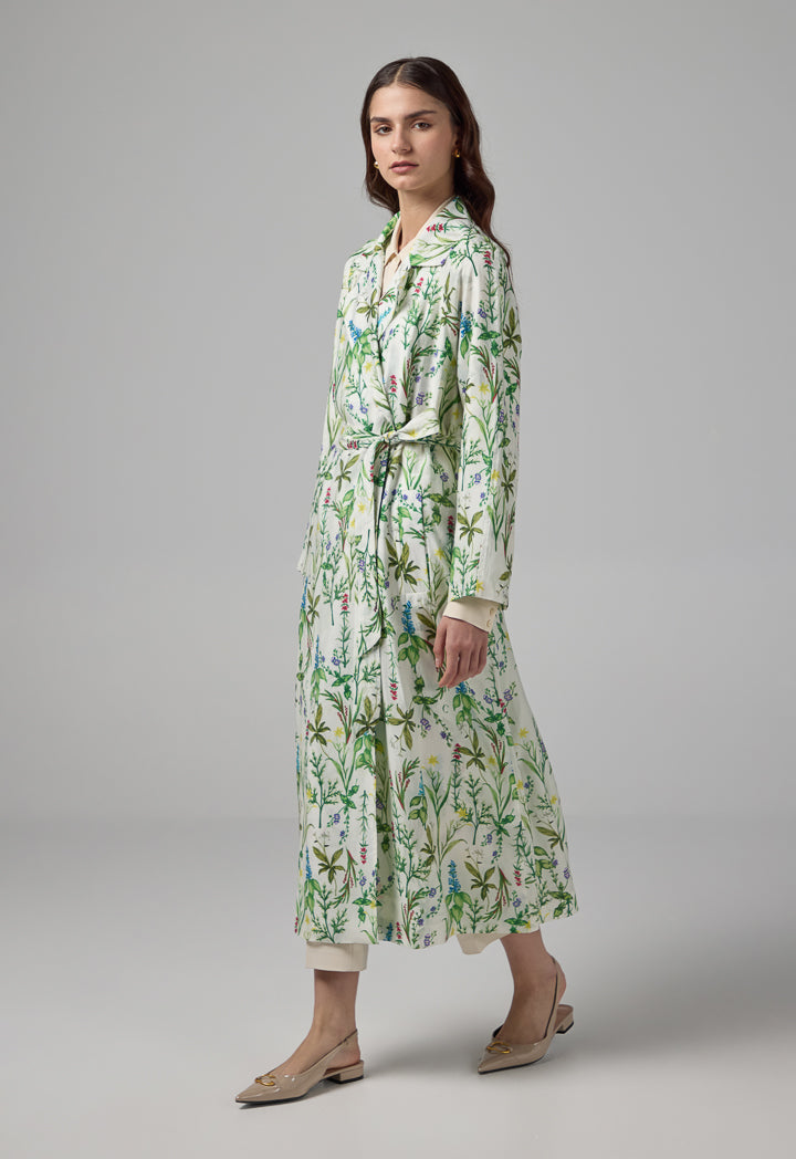 Choice Floral Printed Belted Trench Coat Multi Color