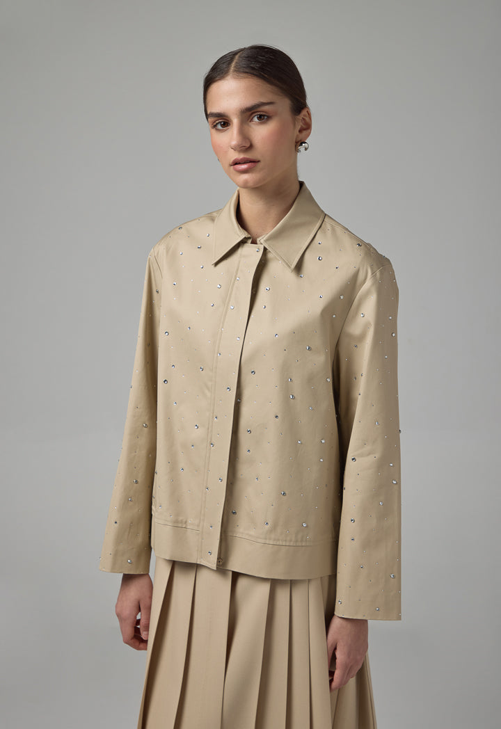 Choice Long Sleeve Crystal Embellished Jacket Beige
