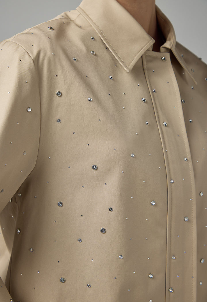 Choice Long Sleeve Crystal Embellished Jacket Beige
