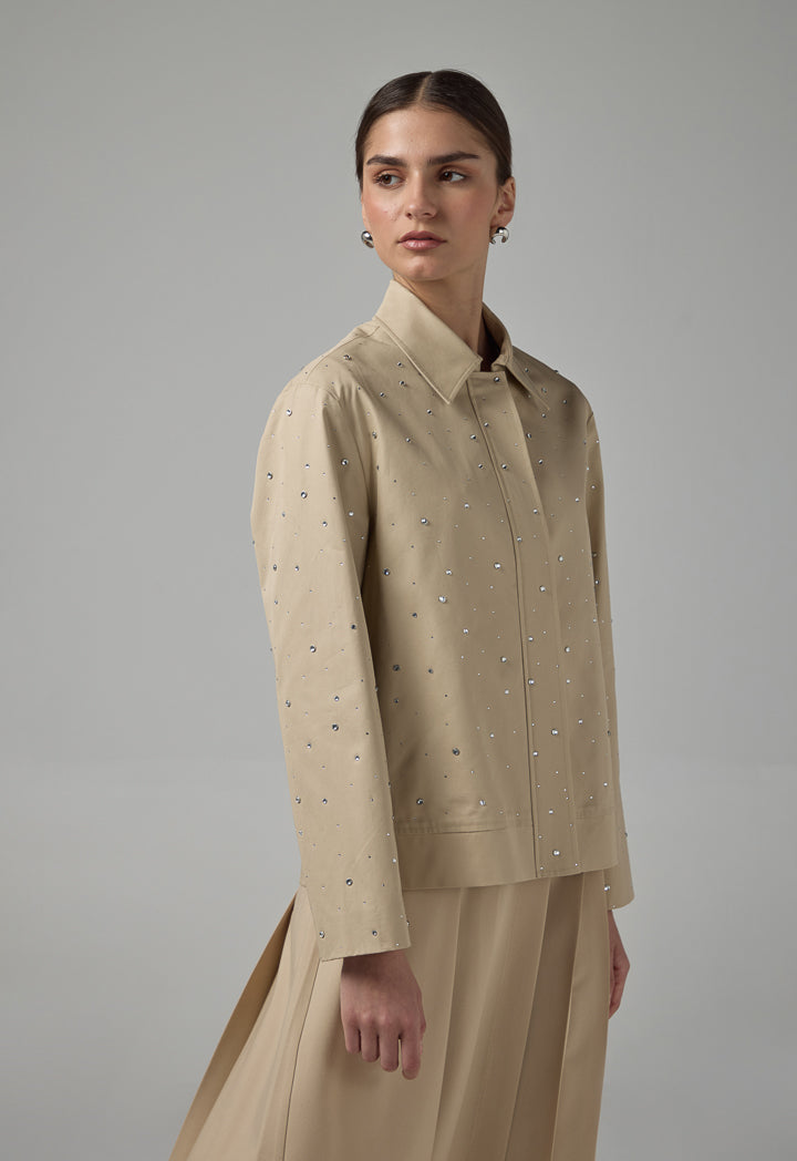 Choice Long Sleeve Crystal Embellished Jacket Beige