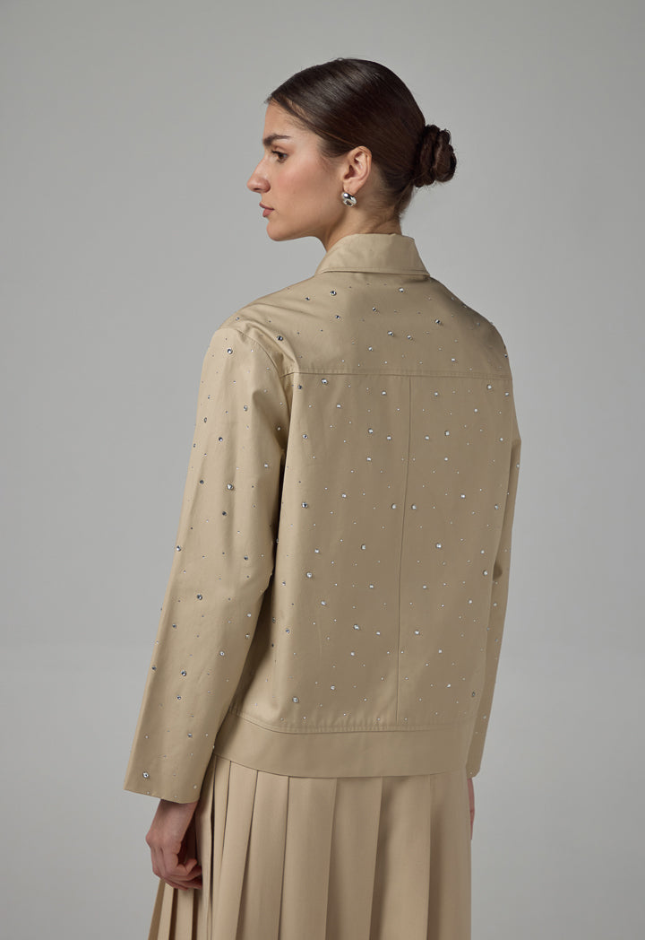 Choice Long Sleeve Crystal Embellished Jacket Beige