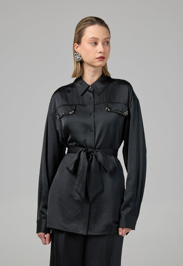 Choice Crystal Embellished Belted Shirt Black