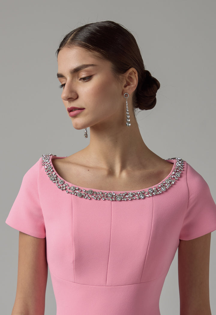Choice Crystal Embellished Short Sleeves Midi Dress Pink