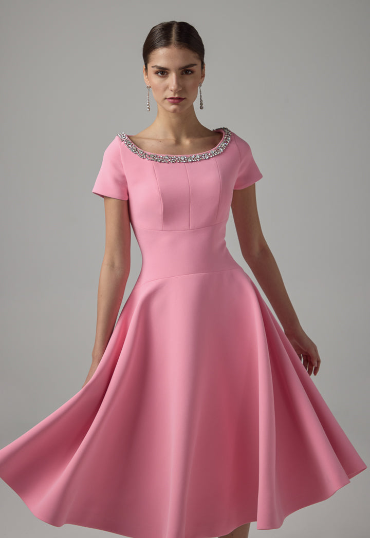 Choice Crystal Embellished Short Sleeves Midi Dress Pink
