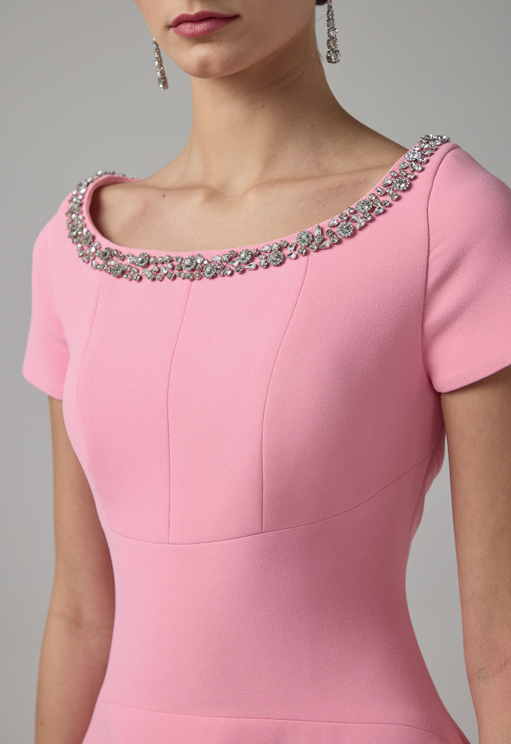 Choice Crystal Embellished Short Sleeves Midi Dress Pink