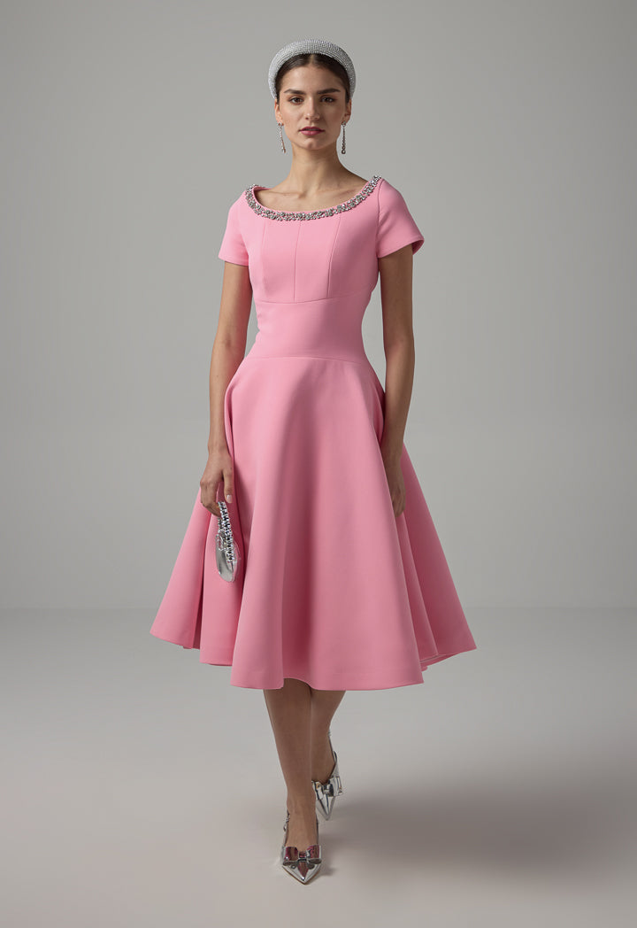 Choice Crystal Embellished Short Sleeves Midi Dress Pink