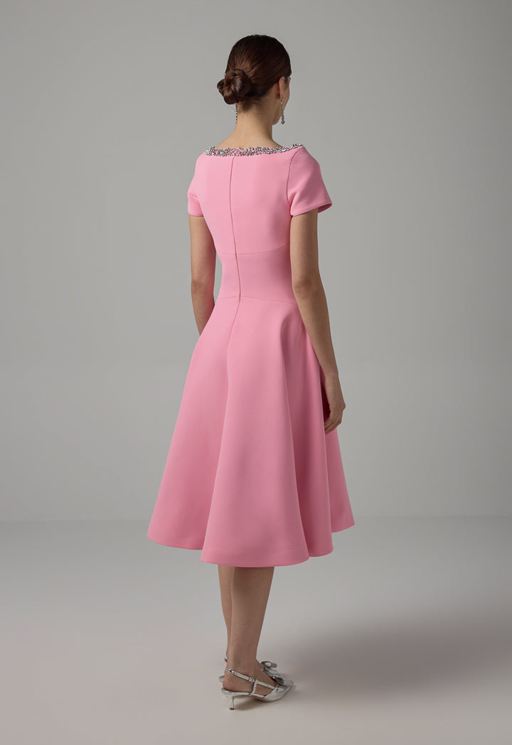 Choice Crystal Embellished Short Sleeves Midi Dress Pink