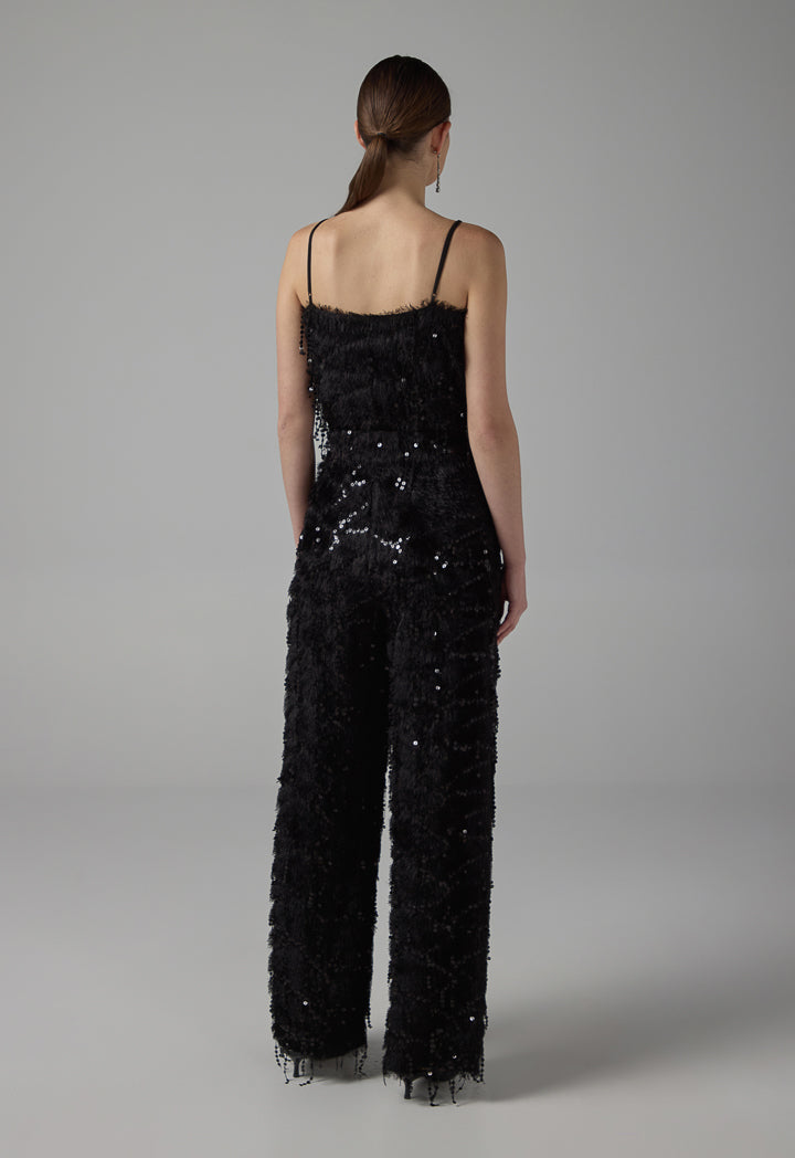 Choice Straight Legs Fringe Sequin Trousers Black