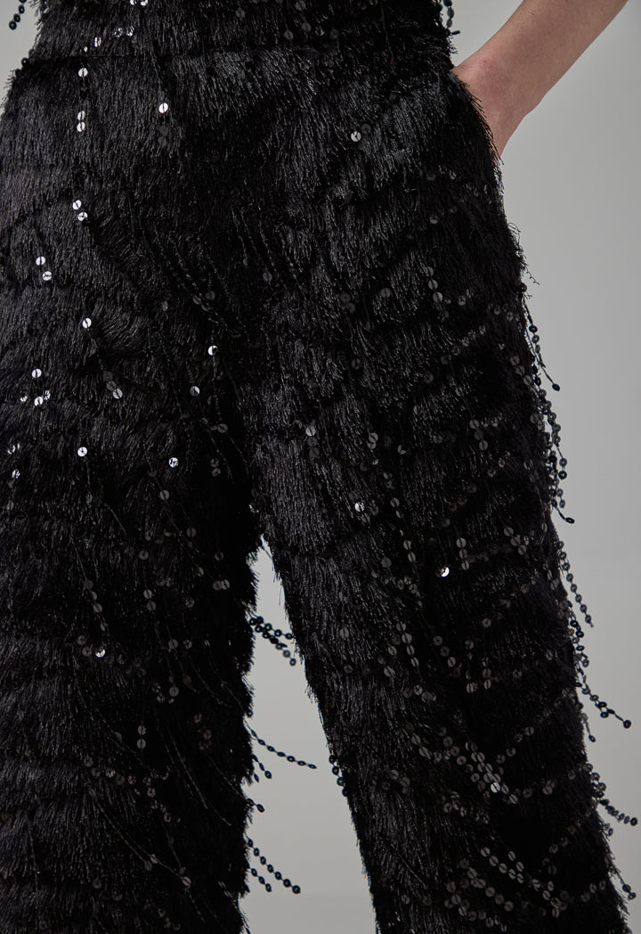 Choice Straight Legs Fringe Sequin Trousers Black