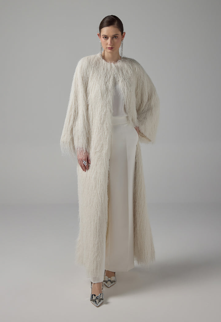 Choice Single Tone Fringe Maxi Abaya  Off White