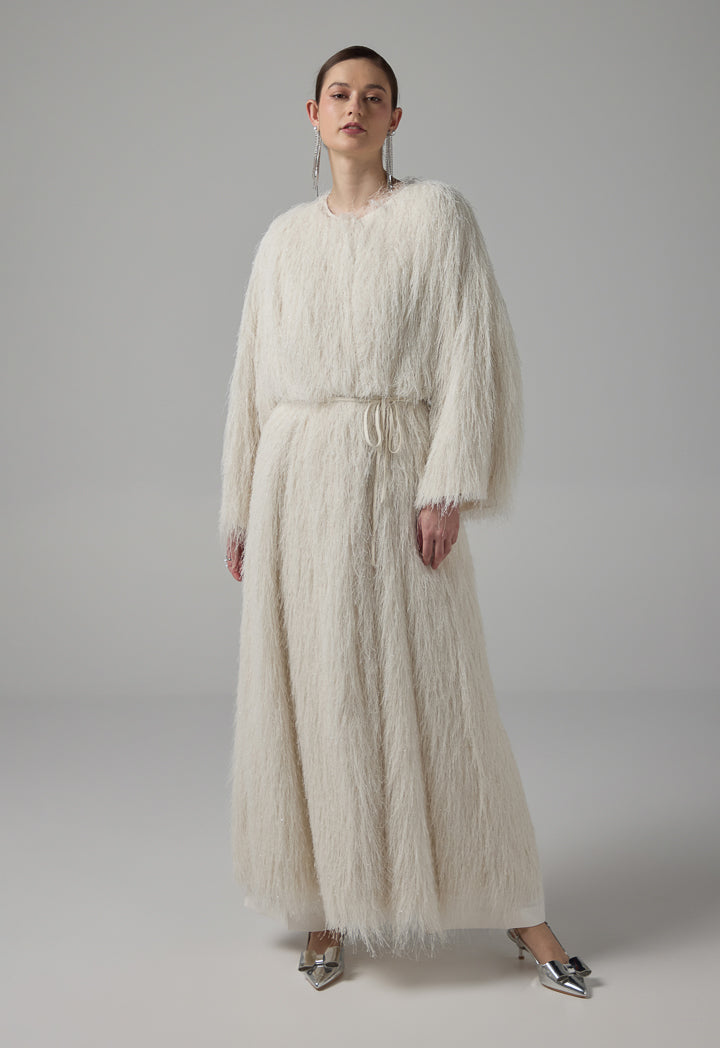Choice Single Tone Fringe Maxi Abaya  Off White