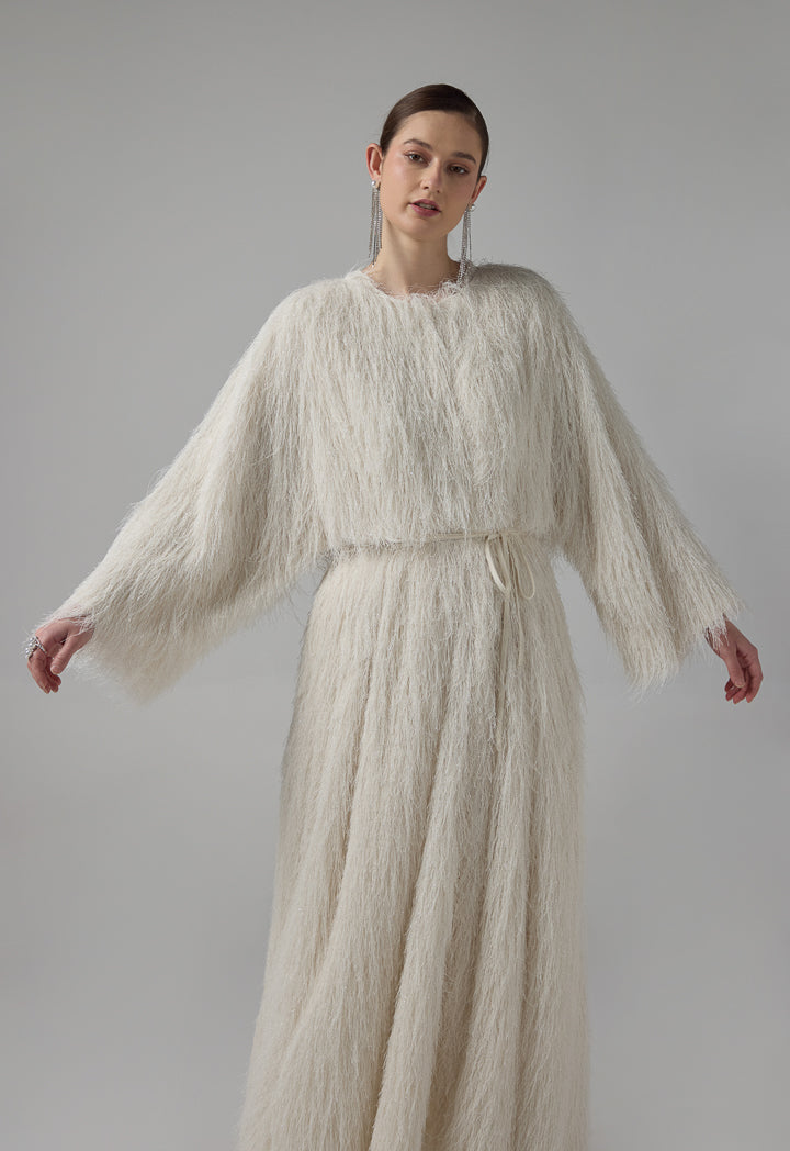 Choice Single Tone Fringe Maxi Abaya  Off White