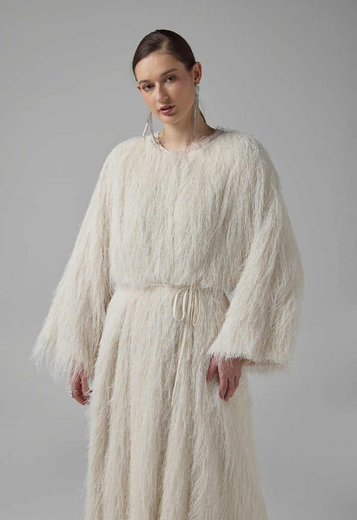 Choice Single Tone Fringe Maxi Abaya  Off White