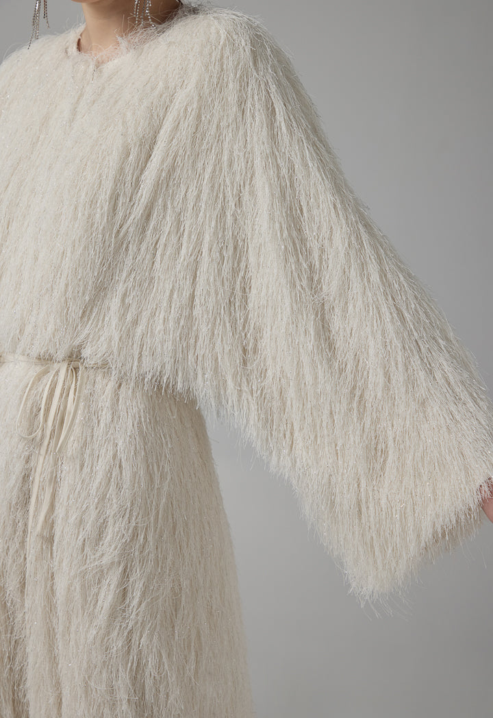 Choice Single Tone Fringe Maxi Abaya  Off White