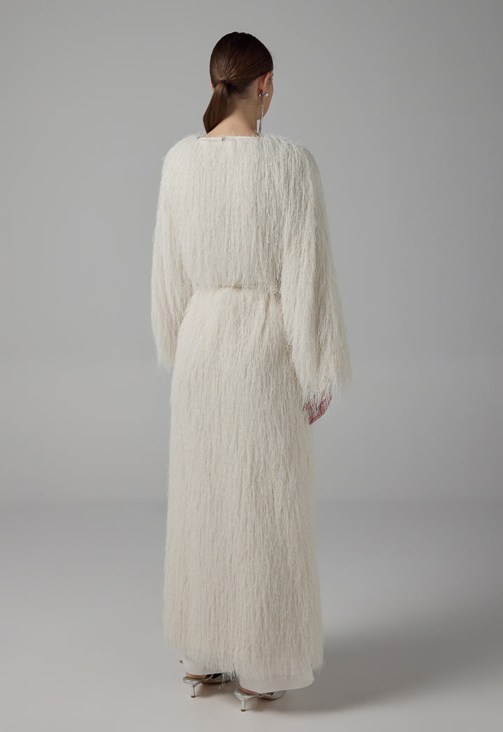 Choice Single Tone Fringe Maxi Abaya  Off White