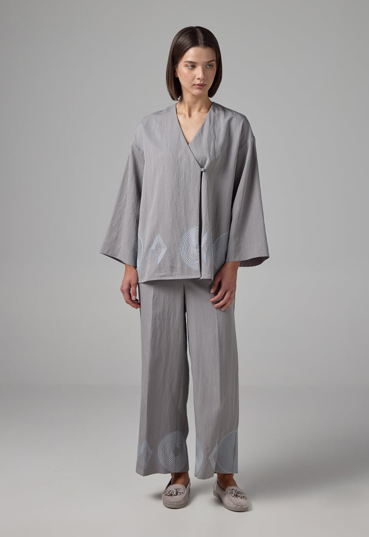 Choice Long Sleeve Embroidered Belted Kimono Grey