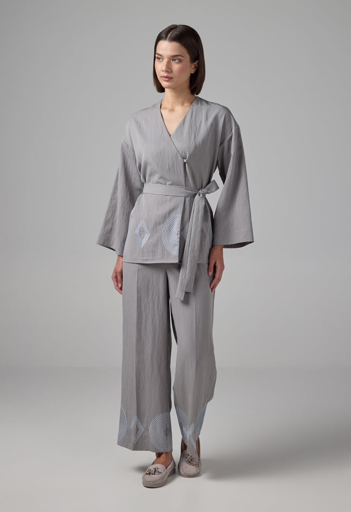 Choice Long Sleeve Embroidered Belted Kimono Grey