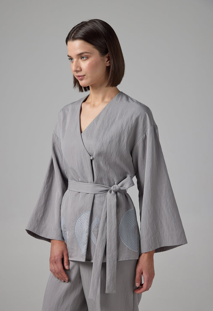 Choice Long Sleeve Embroidered Belted Kimono Grey