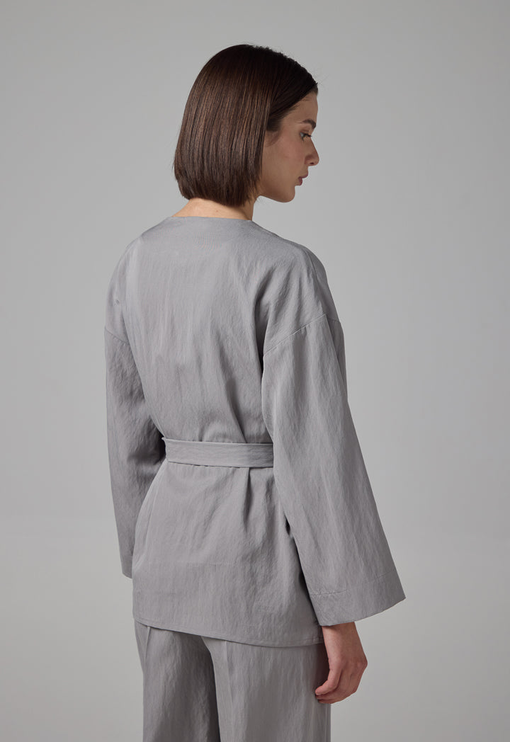 Choice Long Sleeve Embroidered Belted Kimono Grey