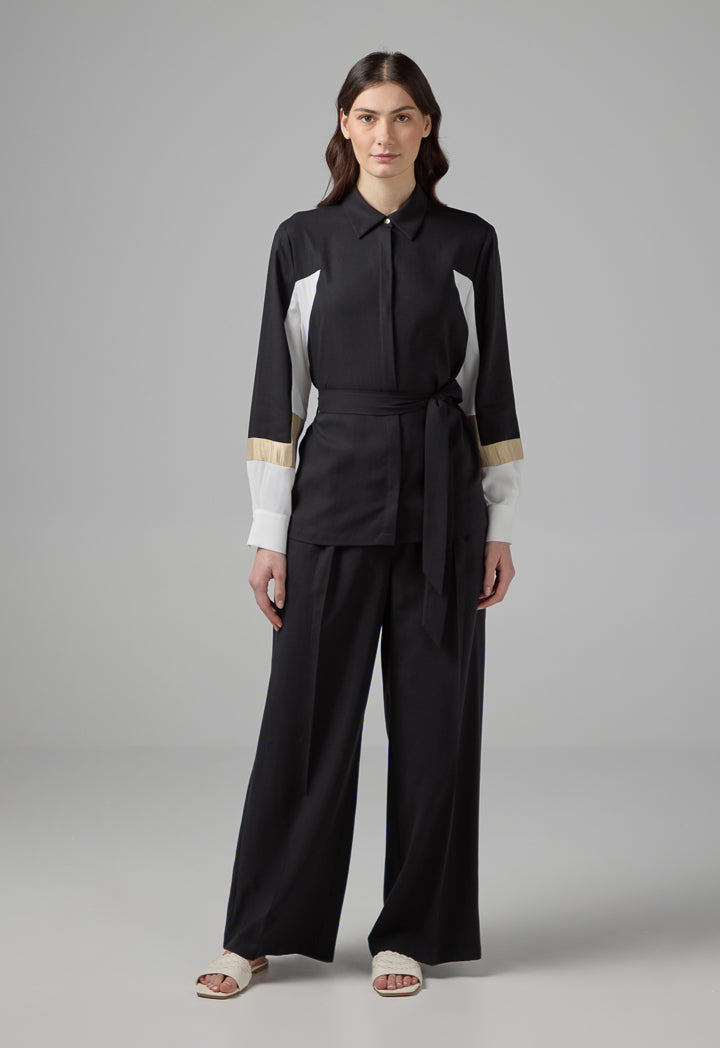 Choice Color Block Relaxed Fit Belted Shirt Black