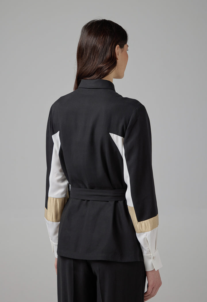Choice Color Block Relaxed Fit Belted Shirt Black