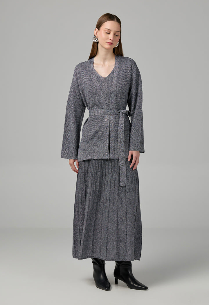 Choice Solid Lurex Knitted Belted Cardigan Silver