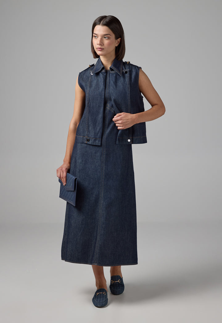 Choice Solid Sleeveless Denim Gilet Denim Blue