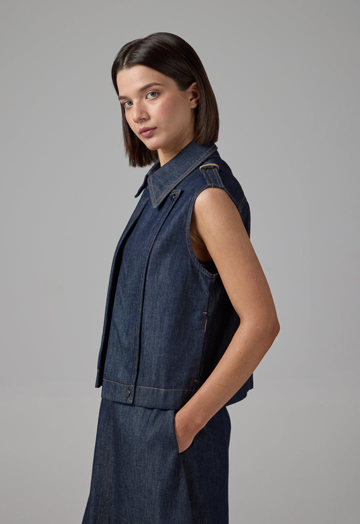 Choice Solid Sleeveless Denim Gilet Denim Blue