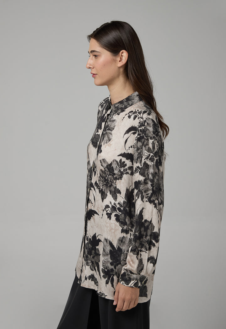Choice Floral Printed Long Sleeve Shirt  Black-White