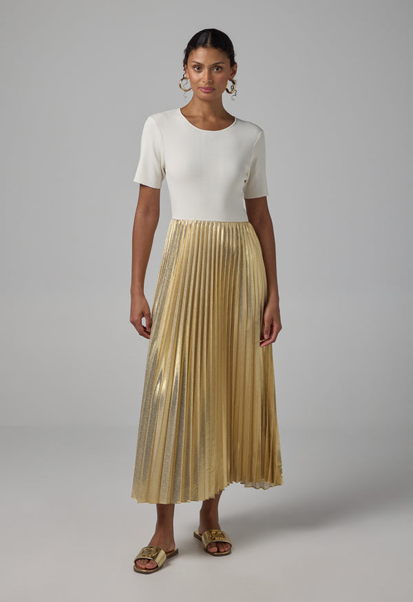 Choice Metallic Pleated Knitted Dress Beige