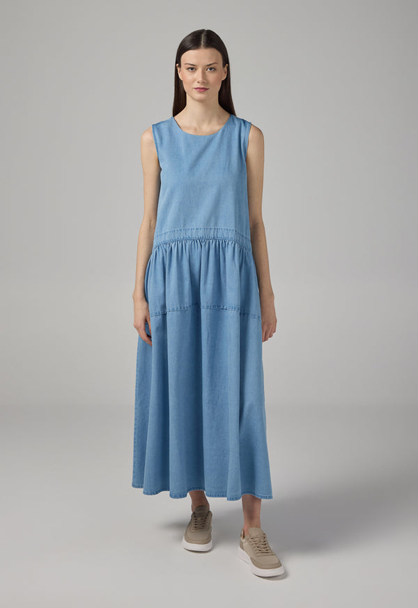 Choice Solid Sleeveless Flared Denim Dress Light Blue