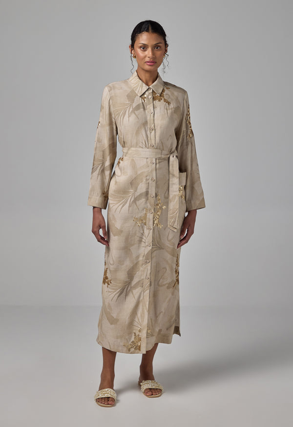 Choice Sequin Embellished Printed Shirt Dress Beige