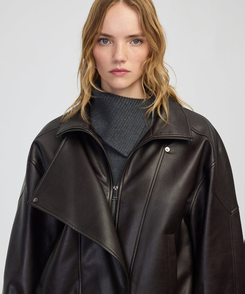 Ipekyol Double-Layer Collar Faux Leather Jacket Brown