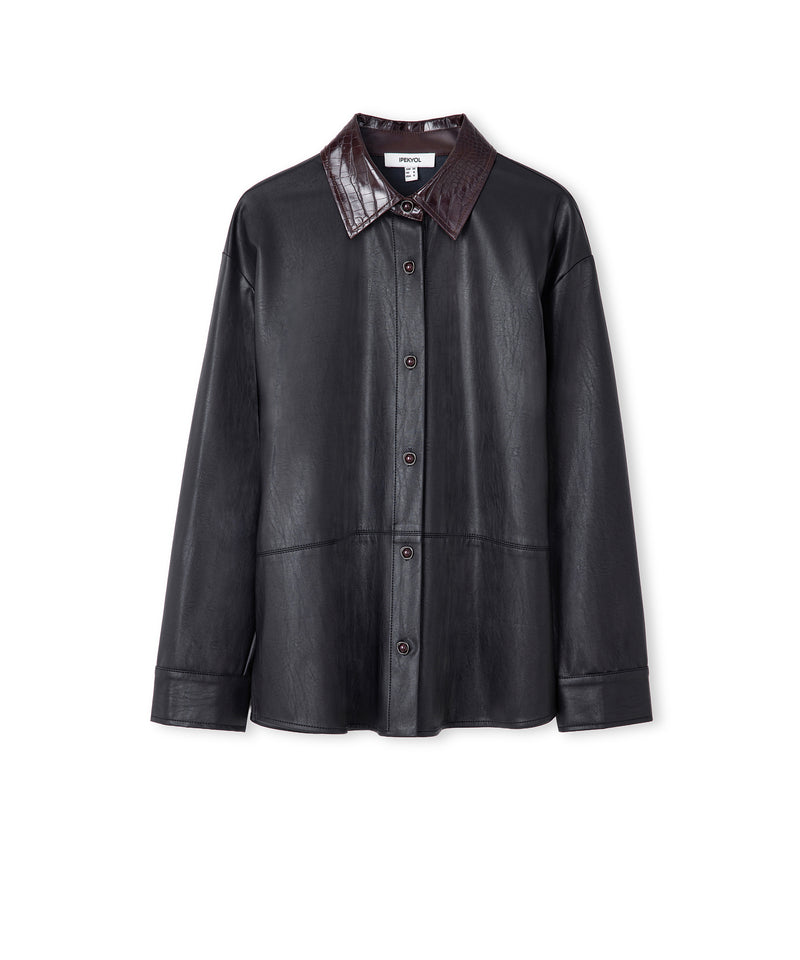 Ipekyol Contrast Collar Leather-Effect Shirt  Black