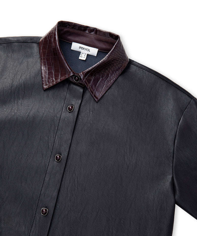 Ipekyol Contrast Collar Leather-Effect Shirt  Black