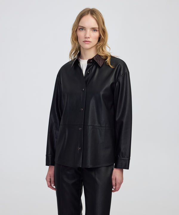Ipekyol Contrast Collar Leather-Effect Shirt  Black