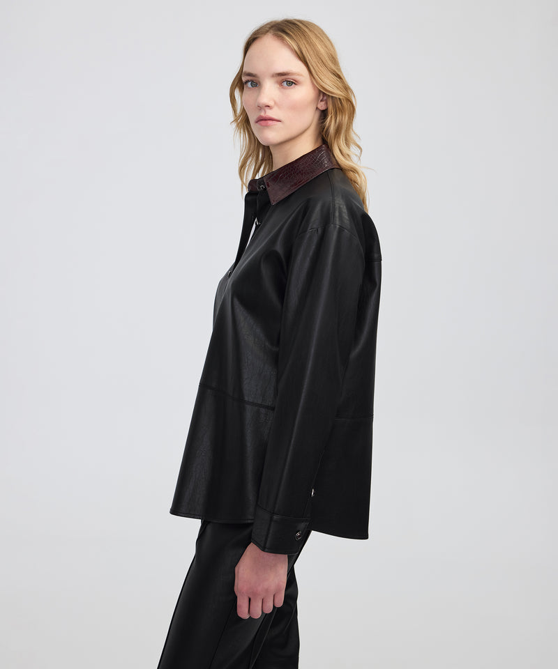 Ipekyol Contrast Collar Leather-Effect Shirt  Black